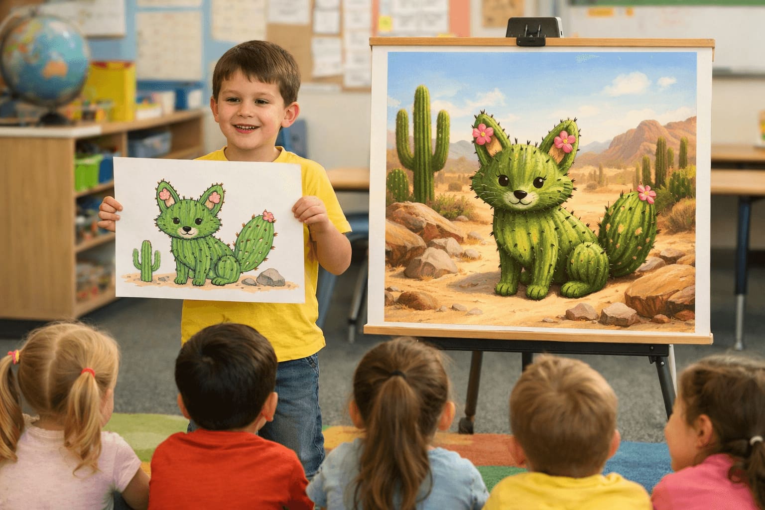 First grade student presenting an animal adaptation drawing to classmates