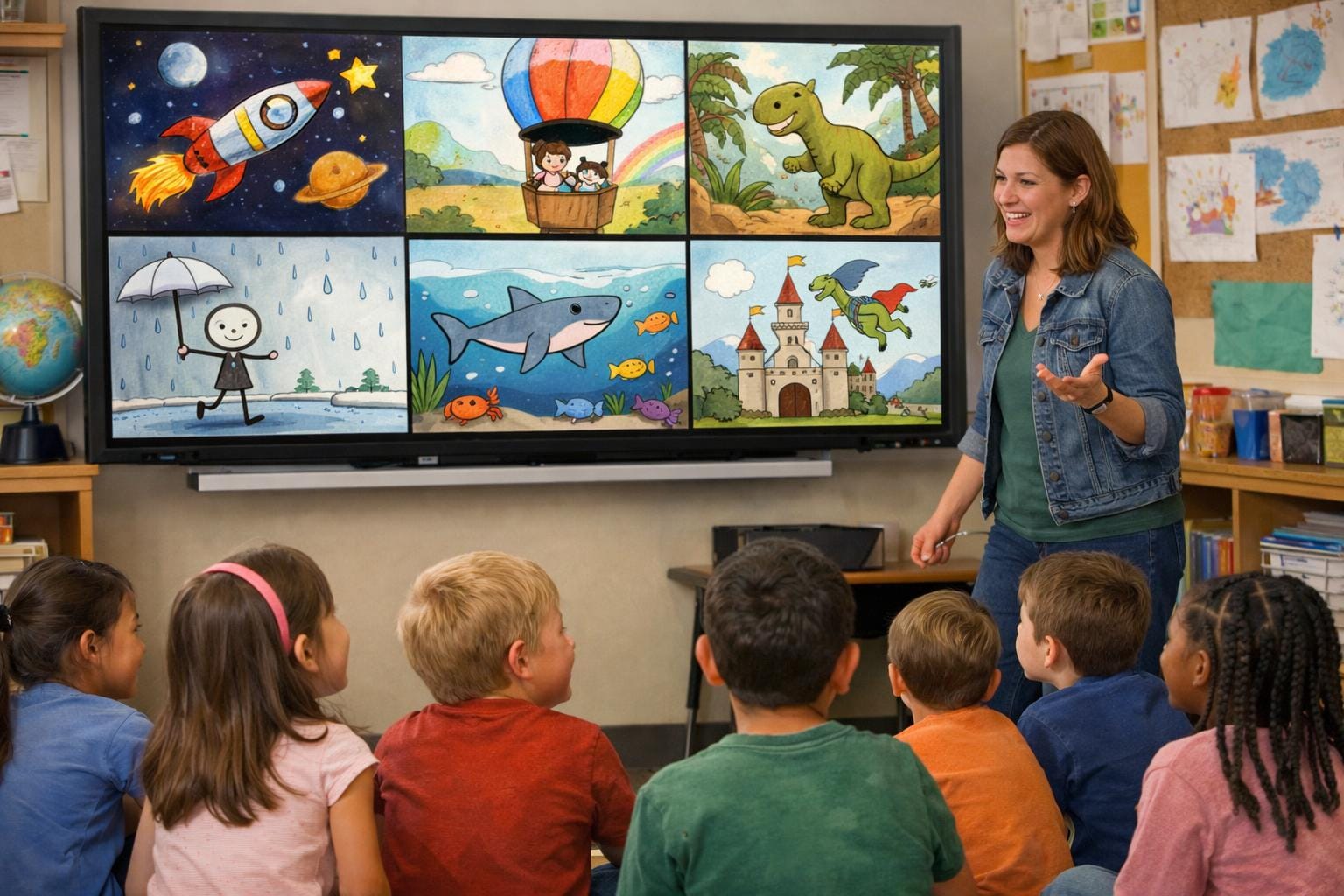Classroom screen showing multiple student drawing animations during project presentation day