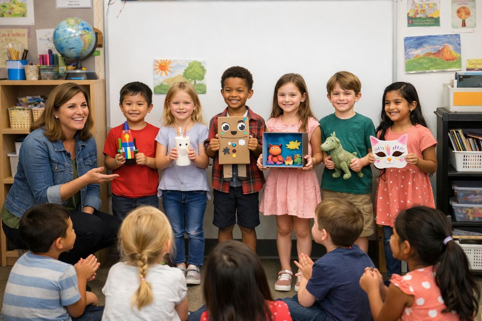 Teacher helping first graders present transformed drawing projects during class share time