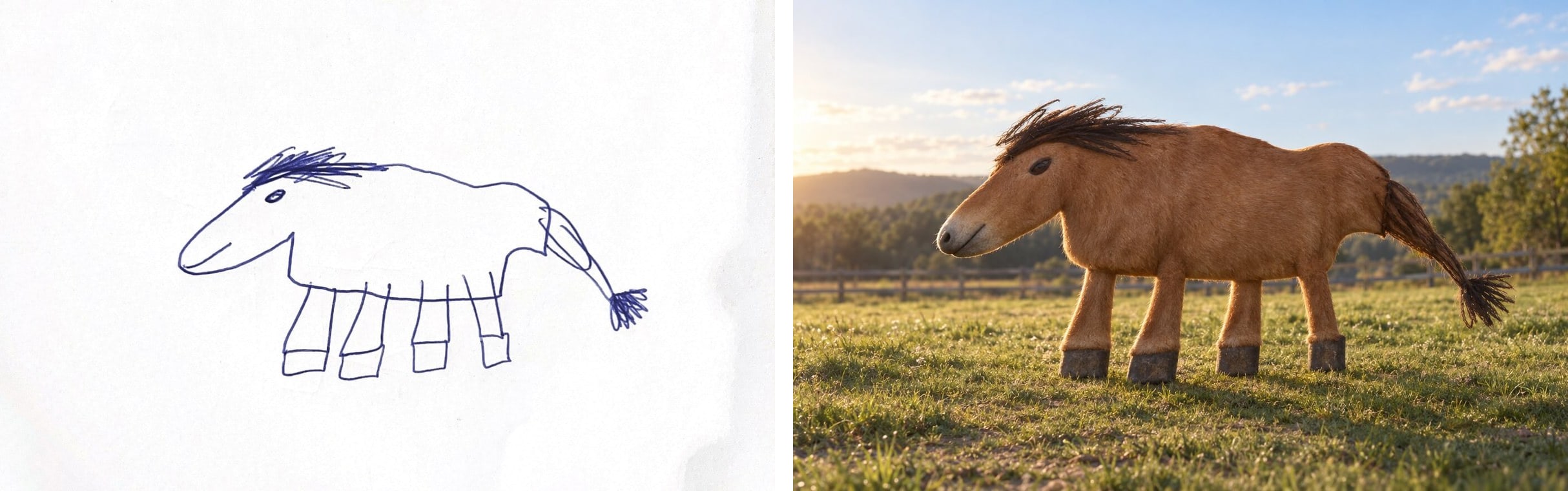 A child’s ballpoint horse drawing next to the same horse transformed with Drawings Alive