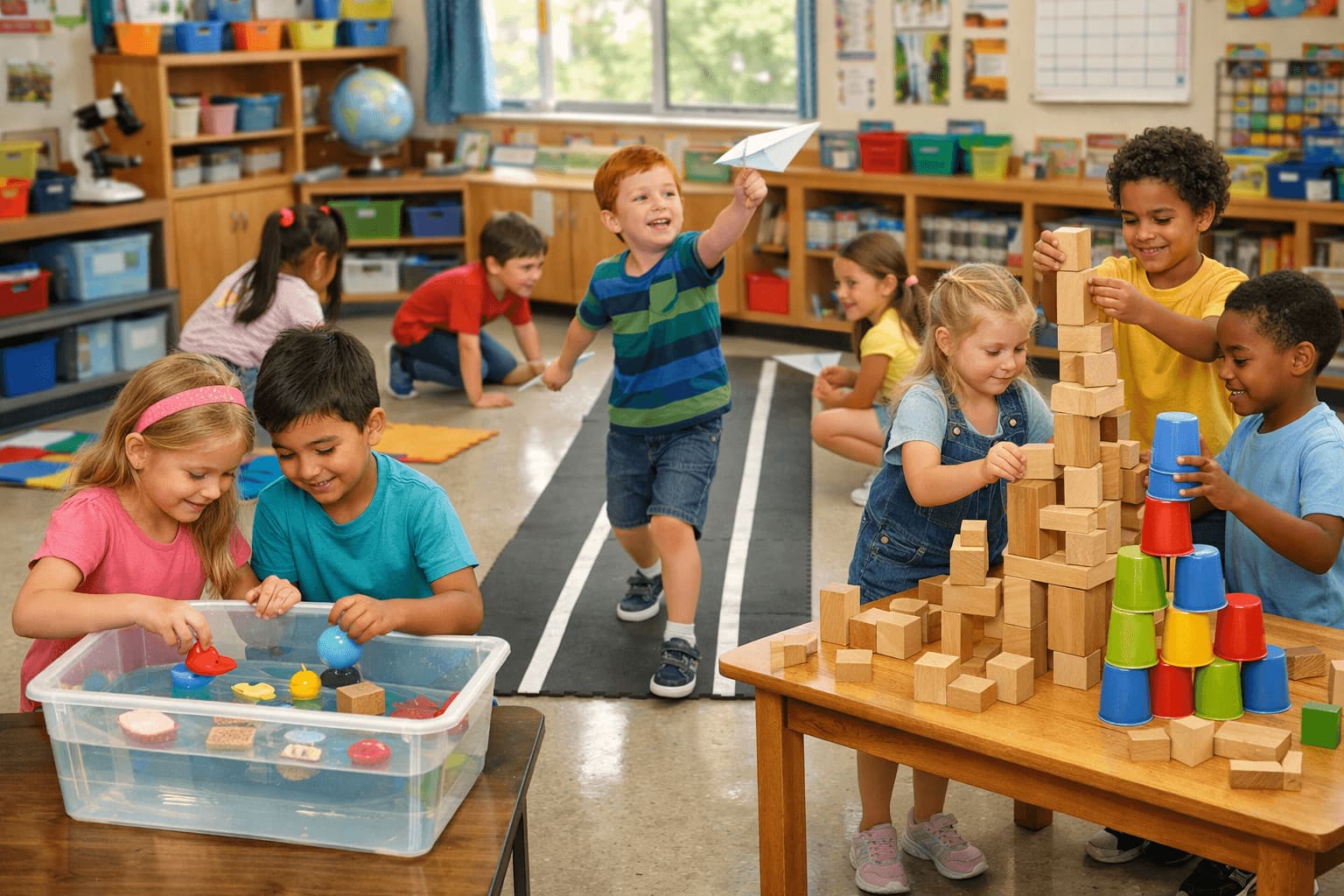 First grade STEM centers with tower builds, paper airplane testing, and sink-or-float exploration