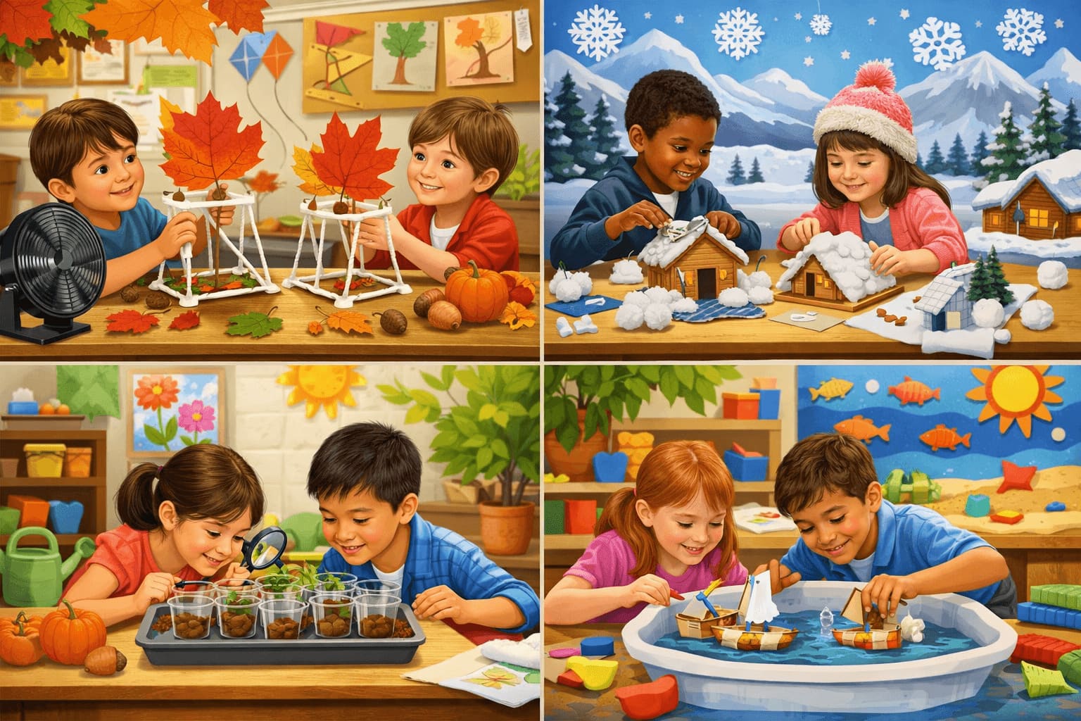 Seasonal first grade STEM projects across fall, winter, spring, and summer