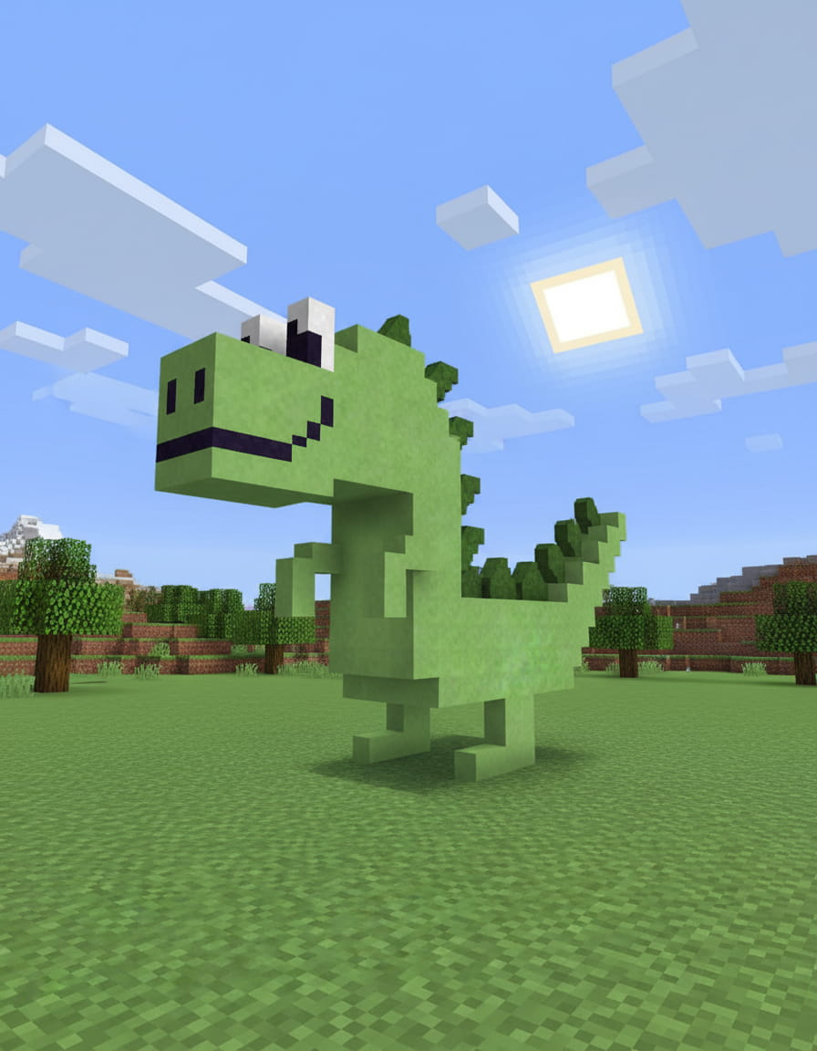 Child's drawing in a bold blocks-game voxel style