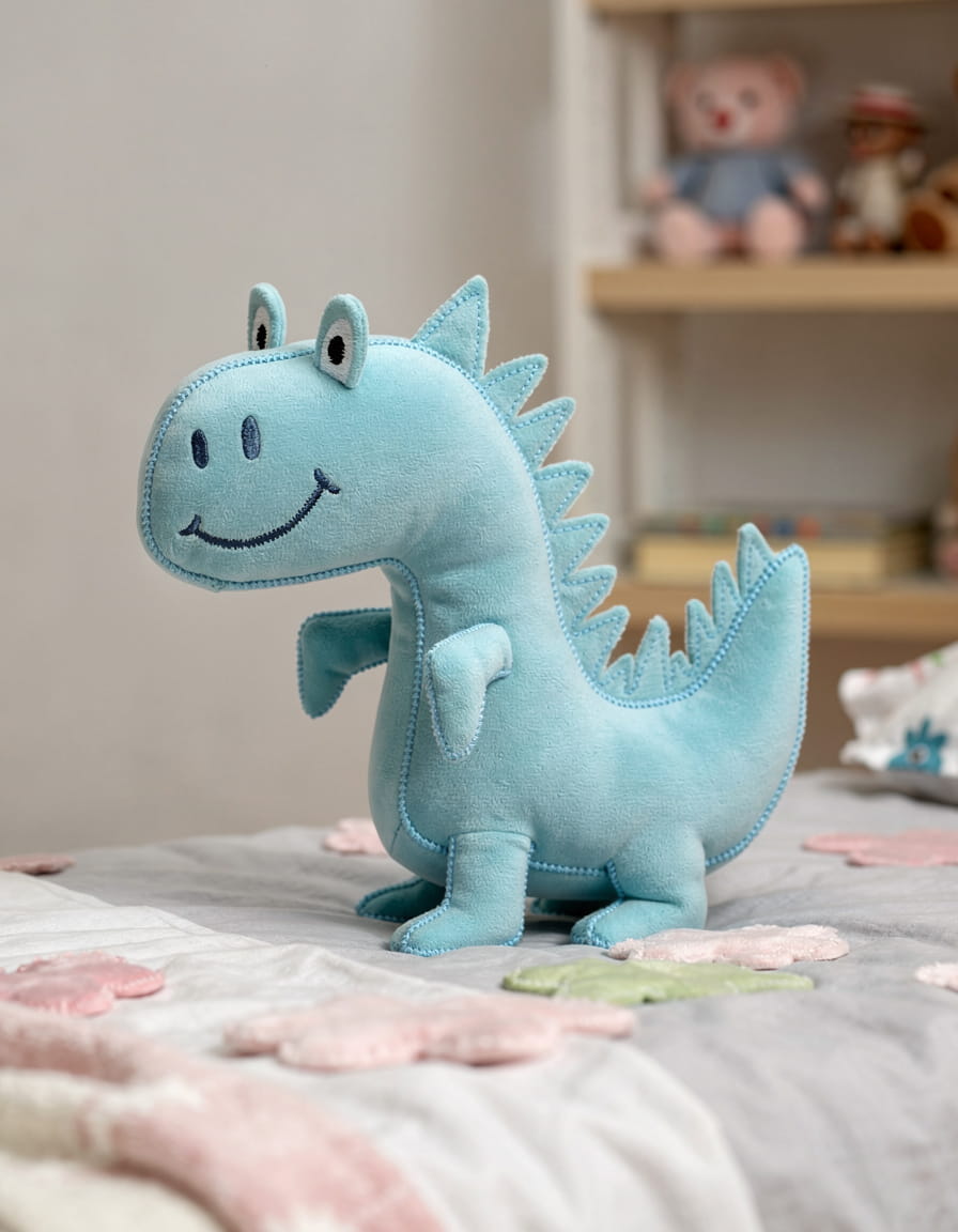 Child's drawing rendered as a soft plush-toy style character